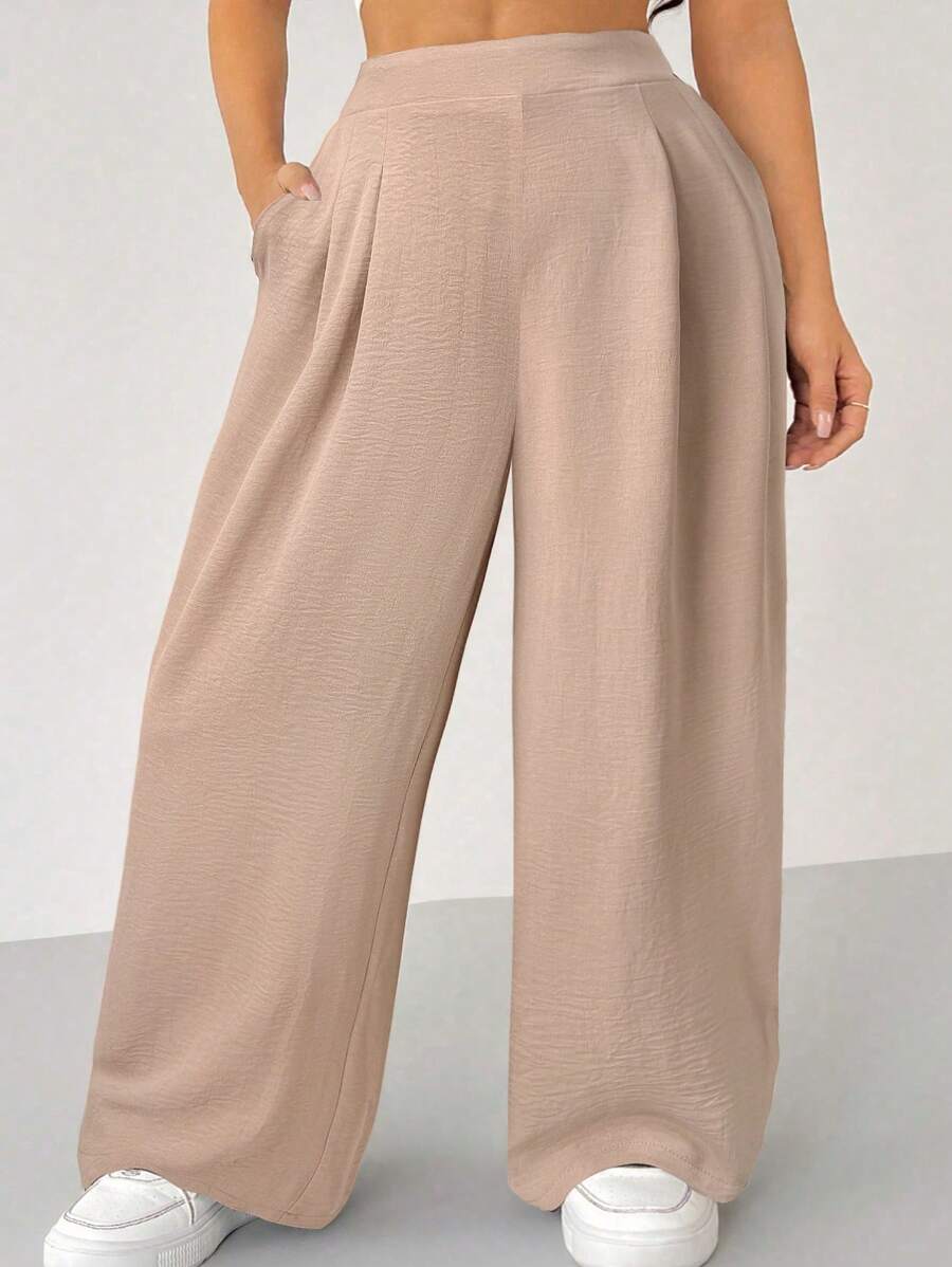 SHEIN VCAY Plus Size Women High Waisted Pockets Wide Leg Pants