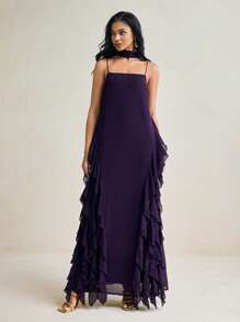 TSS Vestido maxi de gasa con tirantes de espagueti, volantes laterales y chal en color púrpura oscuro, vestido elegante para boda, cóctel o fiesta formal para mujer, vestido de verano bohemio para vacaciones