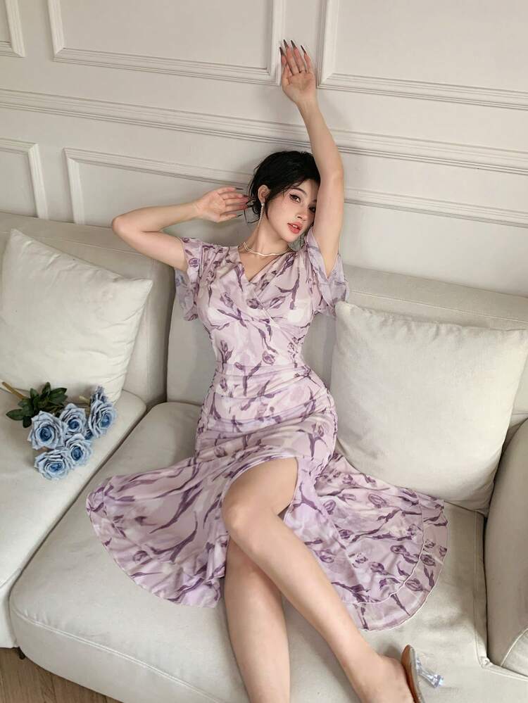 Valentine's Day Solid Color V-Neck Ruffle Sleeve Asymmetric Hem Mid-Long Dress For Women Floral SunDress