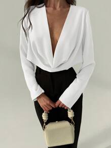 Aloruh 女士性感深垂领长袖修身上衣，适合办公室和户外穿着 - 白色 - 查看 3