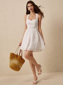 Poéselle 白色连衣裙海滩、度假、鸡尾酒会、派对、婚纱、婚礼宾客礼服女士、仙女裙、晚宴礼服、宾客礼服、女士性感镂空刺绣露背迷你连衣裙、度假风格女士夏季服装女士连衣裙女士优雅连衣裙 - 白色 - 查看 3