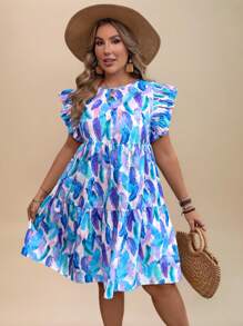 Travachic Plus Size Boho Vacation Round Neck Short Cap Sleeve Fluffy Feather Print Dress, For Summer,Beach Dress Sundress,Holiday Outfits
