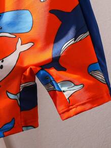 SHEIN 2 Stücke/Set süßer Kleine Jungen Cartoon Muster Farbblock Langarm Badeanzug & Hut Set, perfekt für Urlaub/Strand/Pool, geeignet für Frühling/Sommer