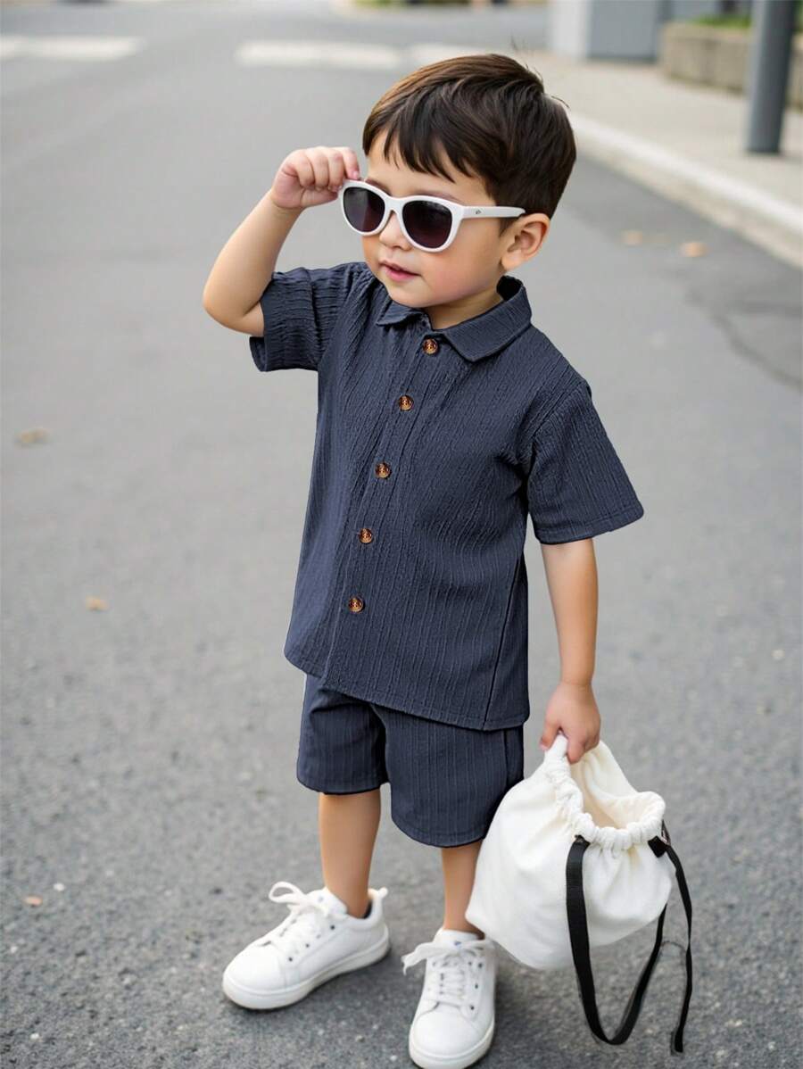SHEIN Young Boy Solid Button Front Shirt & Shorts Without Tee, School, Campus, College Summer Holiday - Dusty Blue - View 1