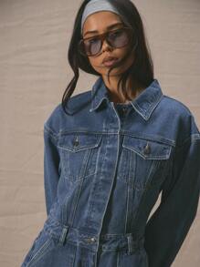 MUSERA 长袖腰带环修身牛仔连体裤 春夏可爱度假风 90年代Y2K时尚 - 藍色 - 查看 5