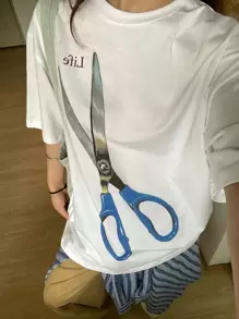 SHEIN Casual Loose Scissors Print Short Sleeve T-Shirt, Spring/Summer - Multicolor - View 1