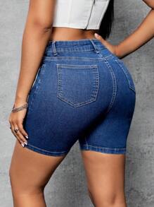 SHEIN SXY Women's Casual Washed Slim-Fit Denim Shorts - Dark Wash - View 2