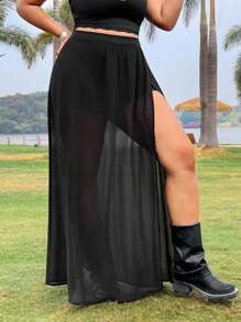 GalTyme 女士加大码半透明雪纺长裙，带侧开衩下摆 - 黑色 - 查看 7