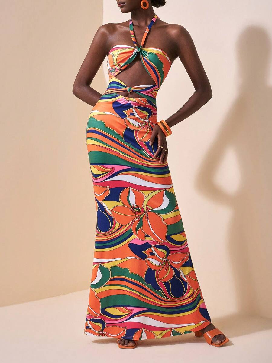 Slaydiva Summer New Style Casual Vacation Backless Halter Neck Hollow Out Waist Mermaid Hem Women Dress