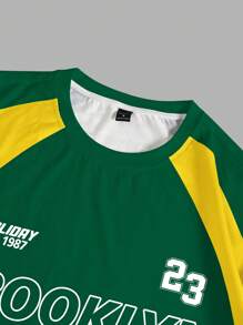 Manfinity Homme Men's Sporty Casual Colorblock Letter Pattern Short Sleeve T-Shirt, Summer Baseball Jersey Jersey Streetwear  Soccer Jersey