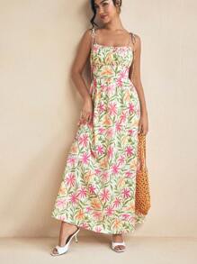 Miriam Omar Multicolor Spring And Summer Floral Print Cami Tie-Up Strap Ruched Bodice Maxi Dress Vacation Sundress For Women, Rave, Prom Dress, Brunch Outfits, Tea Party Dress - Multicolor - View 7