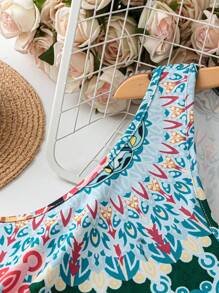 SHEIN Plus Size Women Floral Print V-Neck Backless Dress, Vacation Style - Dark Green - View 5