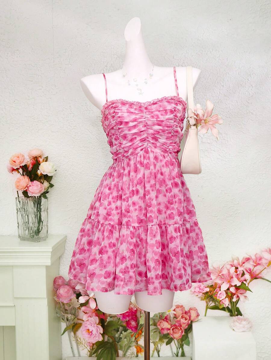 Elamini Women's Casual & Vacation Versatile Fashion Tie-Dye Rose Ditsy Floral Ruched Camisole Mini Dress, Spring/Summer - Multicolor - View 1