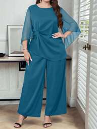 SHEIN Clasi Set de 2 piezas para mujer de talla grande con top de cuello redondo, manga 3/4 con volantes, cintura recogida y bajo asimétrico, talla grande pantalón ancho y relajado