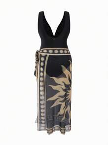 SHEIN Completo a due pezzi con stampa floreale tropicale, elegante costume da bagno intero per gravidanza, abbigliamento da resort