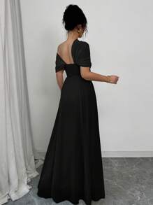 Elenzga Abito elegante da donna con spalla asimmetrica, vita plissettata e linea A, dal design romantico