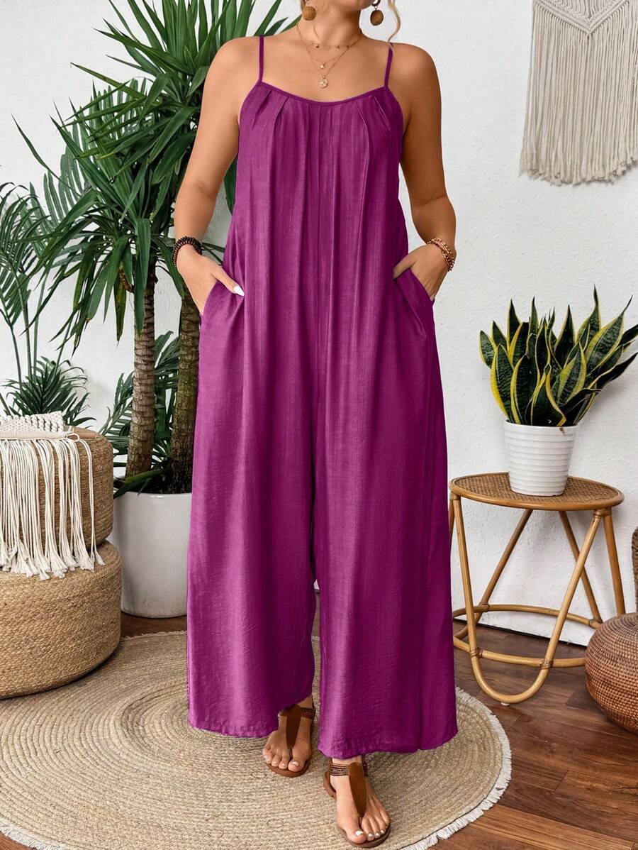 Breezaya 大码女式纯色褶皱口袋阔腿宽松休闲连体裤