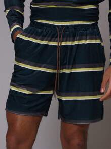 Musero Men Velour Striped Drawstring Longline Shorts Bottom Only - Multicolor - View 5