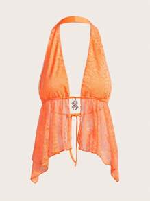 SHEIN ICON 女士 Y2k 性感 90 年代服饰节酒红色嬉皮蕾丝露背挂脖休闲上衣，日常穿着 - 橘色 - 查看 1