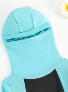 Young Girl Color Block Hooded Swimwear Top And Pants Set - Blue - View 5