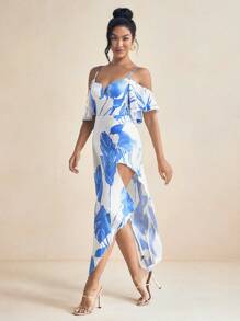 Eva Novielli Vestido largo con escote en V, hombros caídos y abertura, de satén con estampado de verano en azul y blanco, elegante vestido primavera-verano para vacaciones, fiestas, bodas y graduaciones - Azul - Ver 6