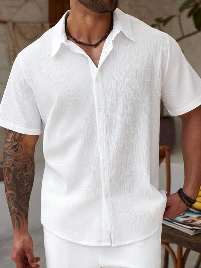 Manfinity Homme 加大码男士简约纯色休闲正装衬衫拉链衬衫男男士短袖正装衬衫男装男士衬衫男士修身衬衫男士短袖衬衫