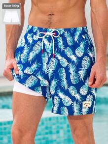 Manfinity Swimmode Men's Fruit Print Drawstring Pocket Beach Shorts