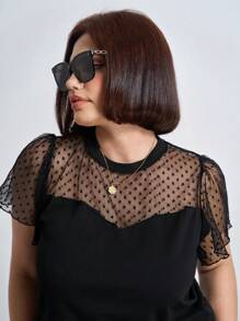 Chikora Damen Loose Fit Rundhals Mesh Kontrast Rüschen Kurzarmoberteil für den Sommer in Große Größen, Bürooutfits für Frauen