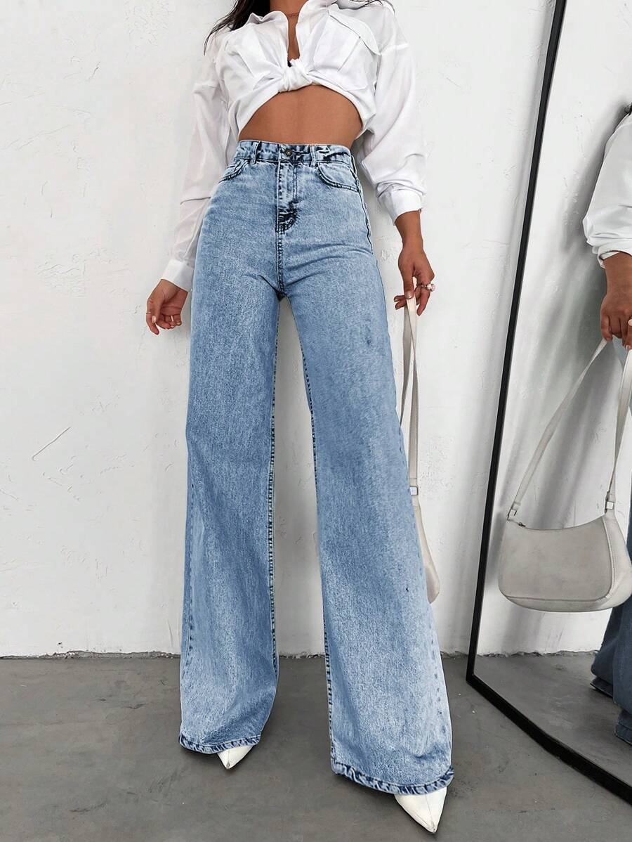 SHEIN Tall بنطال جينز قطن 100% ذو خصر عالٍ وساق واسعة وذيل طويل مناسب للطويلات - أزرق فاتح - مشاهدة 1