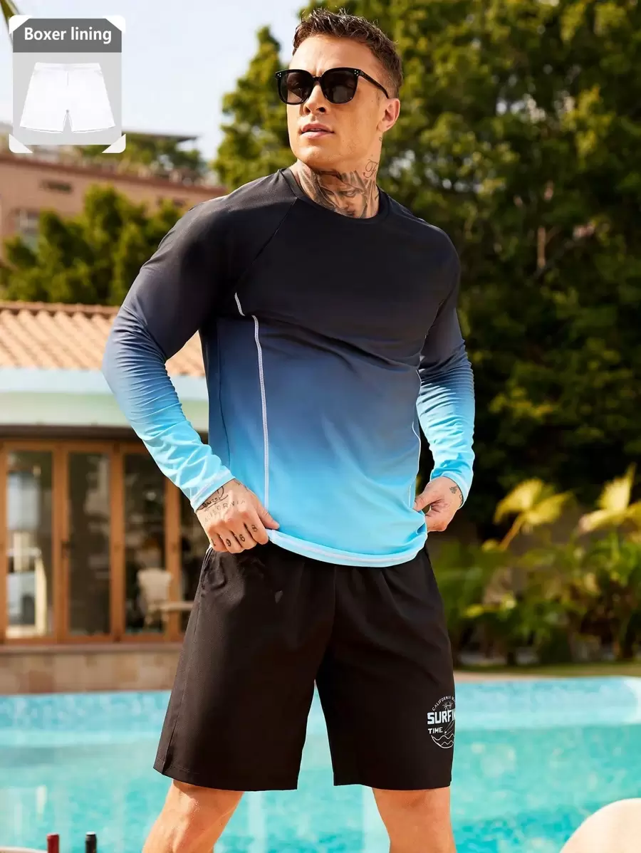 Surfspeed 2pcs/Set Men's Ombre Round Neck Long Sleeve Top And Shorts Set,Hawaiian - Multicolor - View 1