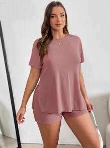 SHEIN Essnce 2pcs/Set Women Plus Size Solid Round Neck Short Sleeve Ribbed T-Shirt And Shorts Short Sets Plus Size