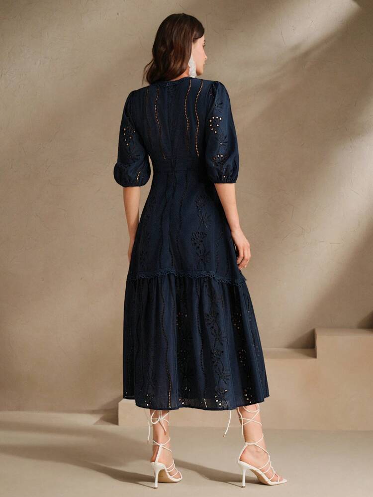 Festival Blue V-Neck Split Ruffle Hollow Out Embroidery Elegant Vacation Dress, Suitable For Summer Beach, Valentine's Day, New Year's Outfit Dresses For Women Elegant Women Formal