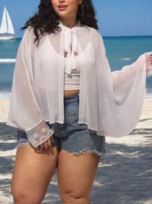 SHEIN CURVE+ Plus Size Women's Summer Sun Protection Shirt, Cool Shawl Top, Lace Cuff Details, Retro Romantic Vacation Thin Coat Boho Vacation, Curve Plus, Boho Vacation - White - View 6