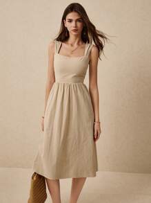 Poéselle Cotton Khaki Dress,Sundress, Casual Dress With Pockets,Summer Women Dresses,Women Linen Clothes,Beach Women Outfits,Women Square Neck Pleated Casual Long Dress Cotton Women Clothing Women Cotton Dress - Apricot - View 3