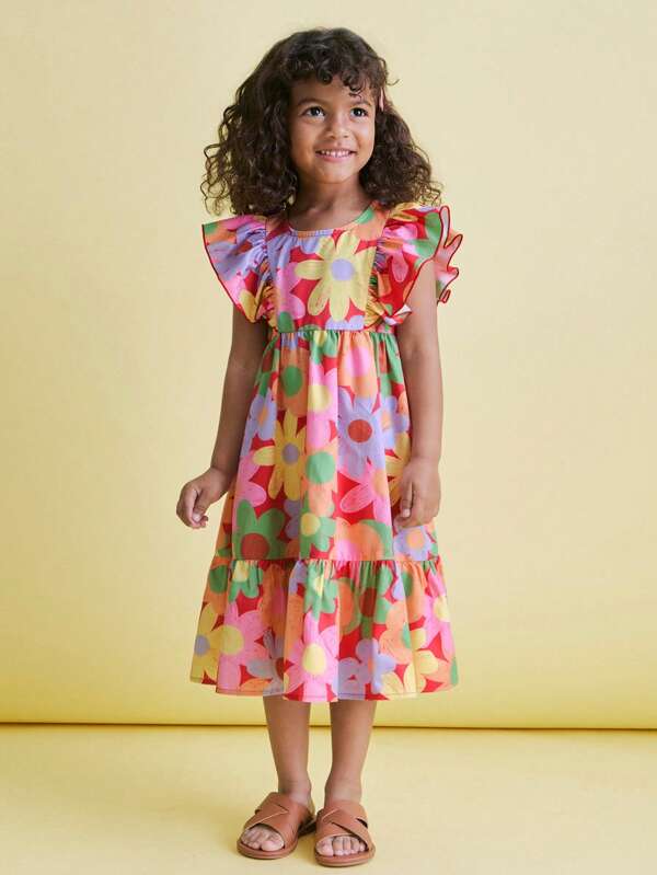 THE HAPPY LOOK Young Girls' Red Base Colorful Floral Print Cap Sleeve Patchwork Loose Hem Dresses, Warm & Holiday Style