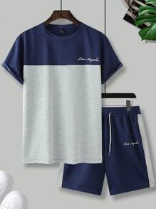 Manfinity Homme Conjunto de camiseta informal de manga corta de cuello redondo con estampado de letras y pantalones cortos con cordón en la cintura para hombres de talla grande