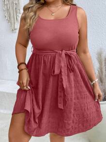 SHEIN VCAY 大码无袖 V 领系带拼接中长连衣裙，度假风格