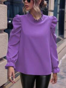 SHEIN Clasi Women's Elegant Solid Color Lace Trim Round Neck Long Sleeve Blouse - Purple - View 6