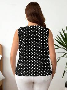 SHEIN Clasi Plus Size Polka Dot Print V-Neck Ruffle Hem Sleeveless Blouse, Suitable For Summer Everyday Wear - Black and White - View 2
