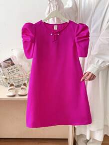 SHEIN Tween Girls Woven Solid Color Round Neck Gigot Sleeve Fitted Dress - Hot Pink - View 6