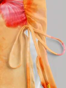 SHEIN MOD 女士休闲花卉不对称下摆抹胸，适合夏季、度假，橙色花卉印花，不对称下摆，开衩，抽绳