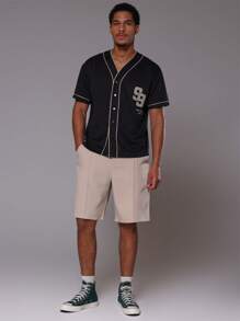 Musero Button Up Contrast Stitch Number Baseball Jersey - Black - View 5