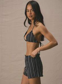 MUSERA Halterneck Tie Back Striped Bralette Only Spring Summer Cute Vacation Gym Fitness - Blue - View 2