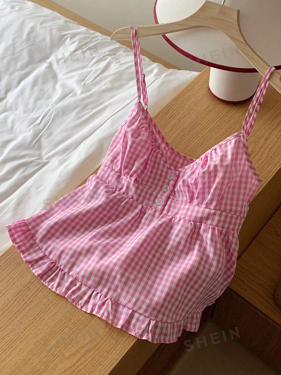 Comfortcana Große Größen Sommer rosa kariertes Camisole-Top mit Volant-Saum