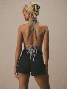 MUSERA Halterneck Double Strap Back Textured Fitted Ruched Waist Top For Spring Summer Cute Vacation - Baby Blue - View 3