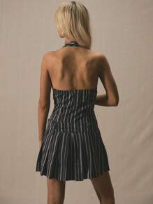 MUSERA 露背前开衩条纹腰带褶皱迷你连衣裙春夏可爱度假