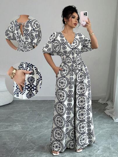 Elenzga Vacation Style Puff Sleeve V-Neck Elastic Waist Wide Leg Jumpsuit Pants Romper