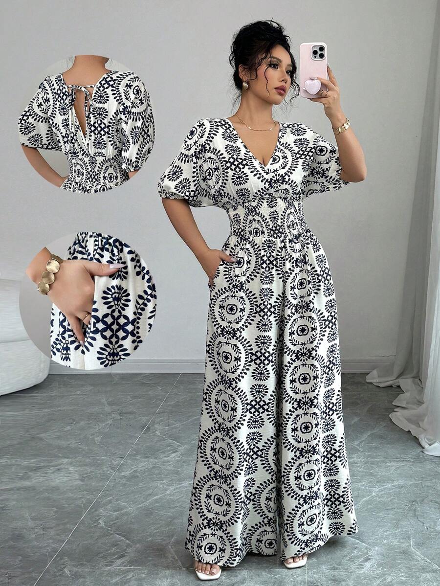 Elenzga Vacation Style Puff Sleeve V-Neck Elastic Waist Wide Leg Jumpsuit Pants Romper - Blue - View 1