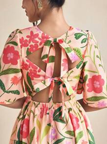 Miriam Omar Pink Floral Print V-Neck Butterfly Sleeve Tie Back Mini Dress Spring And Summer Dress For Women Vacation Sundress, Rave, Pastel, Prom Dress - Pink - View 2