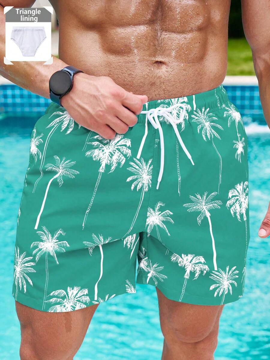 Manfinity Swimmode Men's Coconut Tree Print Drawstring Waist Beach Shorts